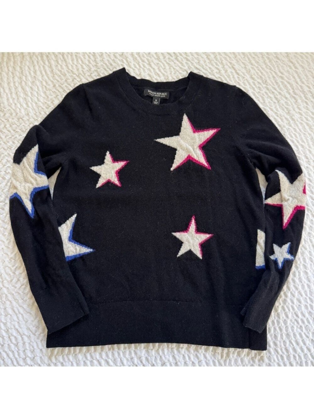 Banana Republic Italian Merino Wool Crewneck Stars Sweater, Black, Size Small - Picture 5 of 9